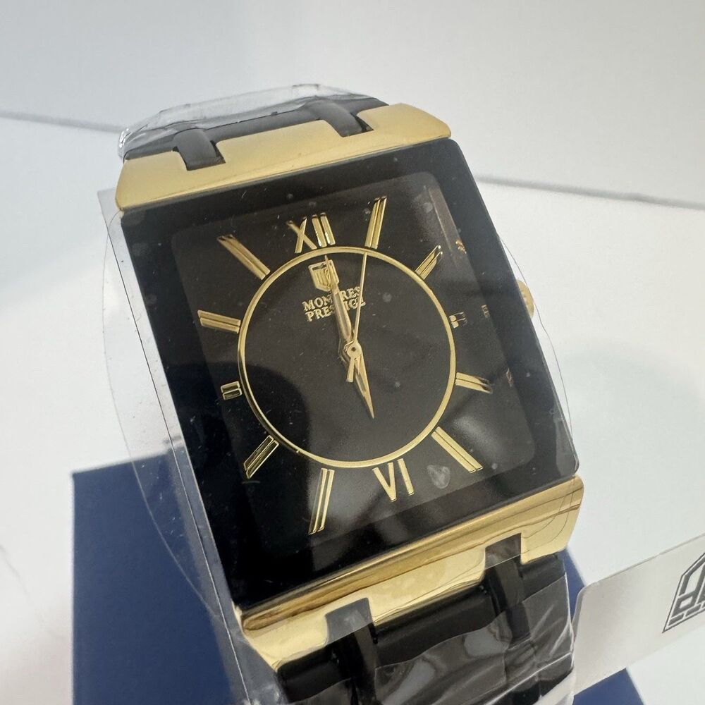 Montres Prestige Men’s Rectangular Quartz Watch Black/Gold Bracelet New W/Box
